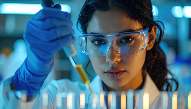 Scientist using pipette while wearing protective laboratory equipment, biotechnology research concept