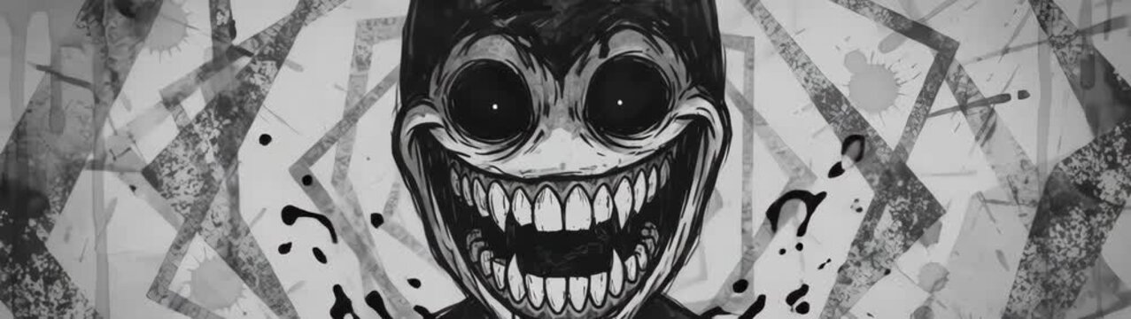 Cartoon devil character with horns and a wide grin exuding a creepy scary and spooky mood on a gritty urban wall.