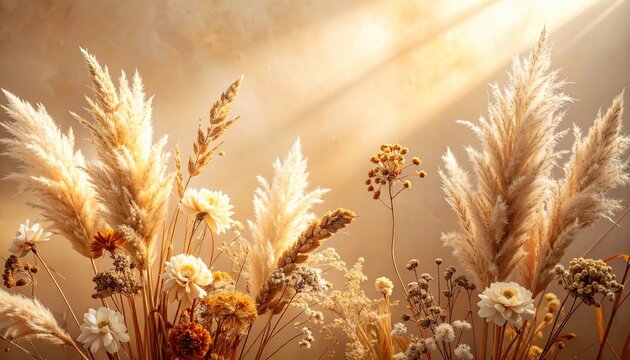 Botanical autumn banner featuring dried flowers, pampas grass, wheat stems and seed heads, warm neutral tones, soft shadows, wide horizontal stock background