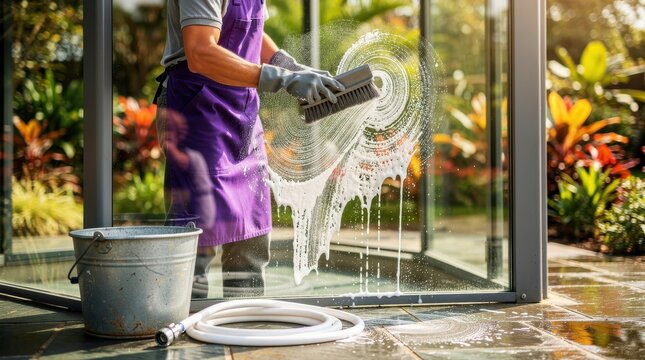 Man in purple apron scrubbing glass door with soapy brush. Professional cleaner performing window maintenance in garden. Sanitation concept for cleaning service marketing.