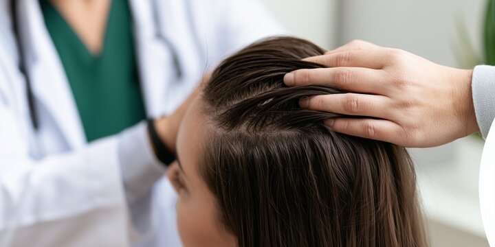 Dermatologist examining a patient's scalp during a medical consultation