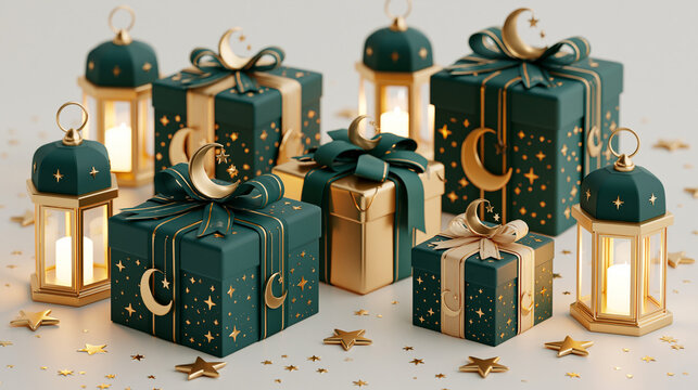 Luxurious Eid Gift Boxes With Golden Crescent Moons And Lanterns