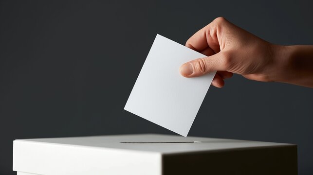 Hand putting a ballot paper into a ballot box, elections and polling concept