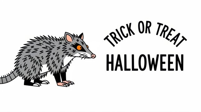 Cartoon opossum illustration with Trick or Treat Halloween text. Grumpy marsupial with orange eyes in a spooky seasonal design. Holiday concept ideal for social media and card design.