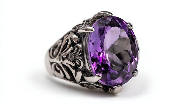 Silver ring with an amethyst gemstone isolated on white, elegant jewelry