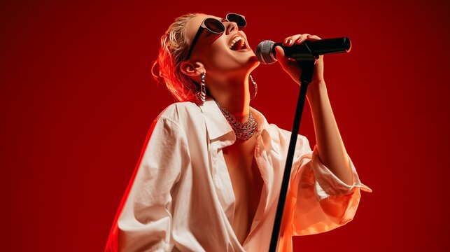 Stylish woman in a white shirt singing into a microphone against a studio red background