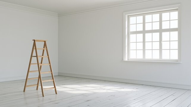 White room and stepladder concept for starting a renovation project