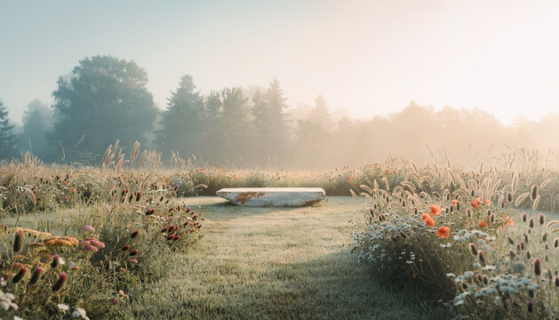 Rustic stone altar in misty wildflower meadow as wedding backdrop