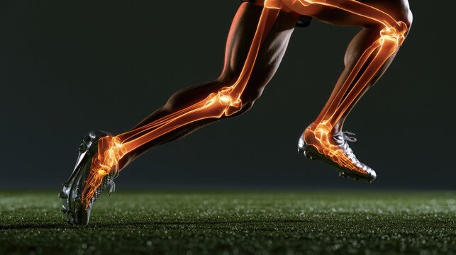 Athlete's glowing skeletal structure superimposed on moving legs