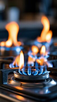 Close up of blue natural gas flames burning on a kitchen stove burner, powerful open fire illustrating cooking, household energy, heat and fuel consumption