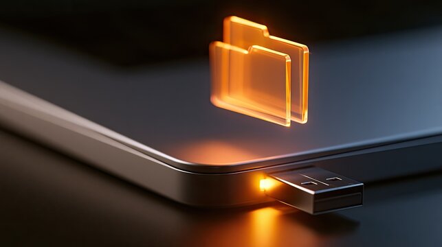 A glowing digital folder hovers above a USB drive plugged into a sleek device