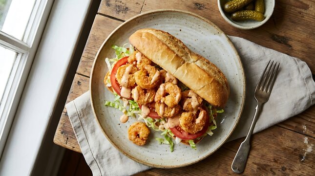 A tasty shrimp po boy sandwich served on a plate with fresh lettuce and sauce on a wooden table. shrimp po boy