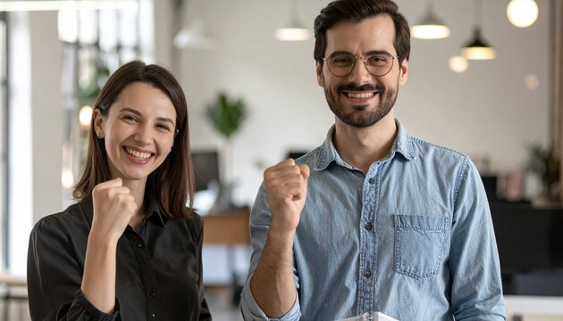Startup colleagues celebrating successful project completion in contemporary office, smiling team, positive workplace culture