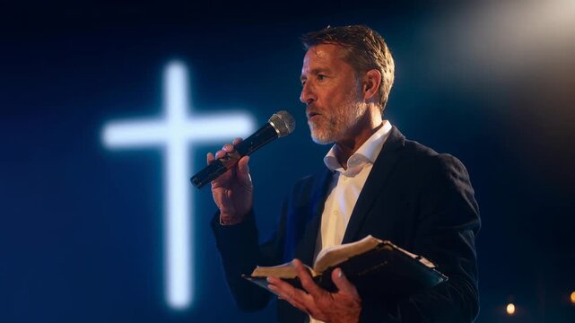 Passionate preacher holding Bible speaking into microphone with glowing background in church sermon