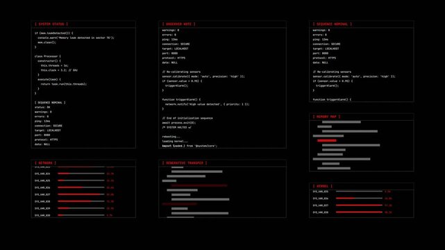 Programming code interface typing with red highlights and scrolling data bars on black background for software development.