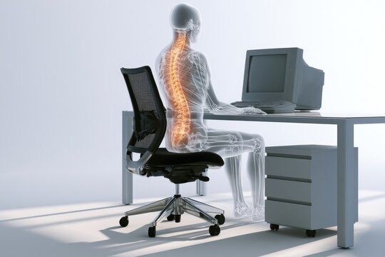 Transparent body shows illuminated spine of person working at desk