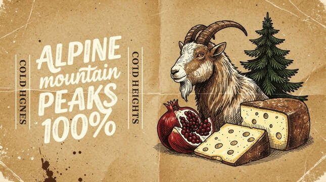 Alpine mountain goat with gourmet cheese and pomegranate on vintage paper. Hand-drawn rustic etching features a pine tree and artisanal food. Organic branding concept for dairy packaging and.