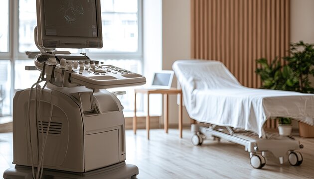 Ultrasound machine and examination bed in a modern medical examination room