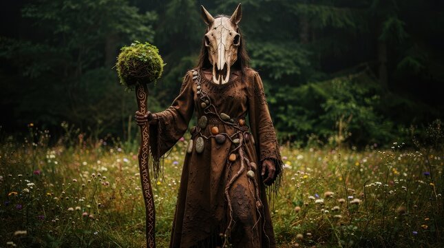 Figure wearing horse skull mask holding carved staff in misty forest. Shamanic character in ritualistic robes standing among wildflowers. Dark fantasy pagan concept for occult and folklore media.