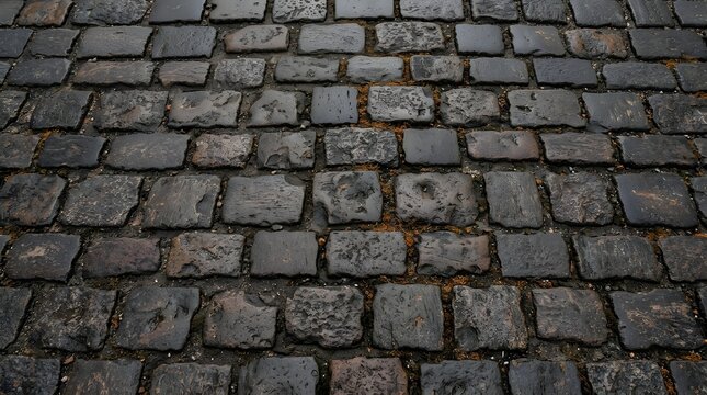 wet cobblestone street surface background texture with dark grey rectangular stone pavers on historic ground path walkway with natural weathering