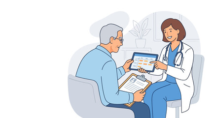 Fototapeta premium Doctor showing medical results to elderly patient on tablet
