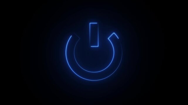 Glowing neon blue power button icon with neon circular outline, modern technology symbol representing energy, start up, shutdown, control, interface, digital functionality, electronics icon animatio