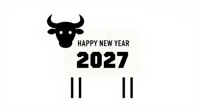 Minimalist black bull mascot with Happy New Year 2027 text on a textured body. Stylized ox head icon against a white background for holiday celebrations. Modern zodiac concept for marketing use.