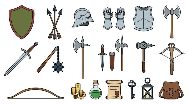 Medieval weaponry and armor collection a colorful vector illustration
