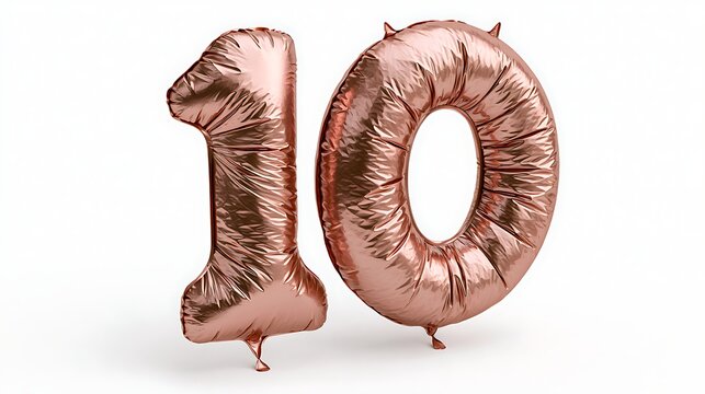 Shiny rose gold foil number ten balloons isolated on white background. These festive inflatables are ideal for anniversaries, birthdays, or milestone celebration marketing designs.