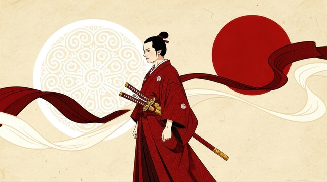 Samurai warrior in red traditional kimono standing with katanas. Stylized Japanese illustration featuring a ronin against a red sun. Bushido concept for cultural and martial arts branding.