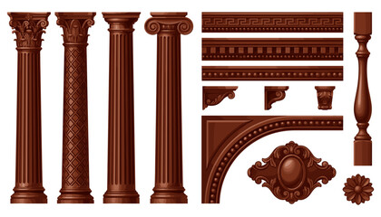 Classical Architectural Element Kit with Wooden Columns, Pillars, Moldings, Balusters, and Baroque Carvings for Interior Design, Furniture Modeling, and Game Environment Assets © Sarifa