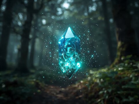 Generative AI visualizes a glowing crystal floating in a forest during night