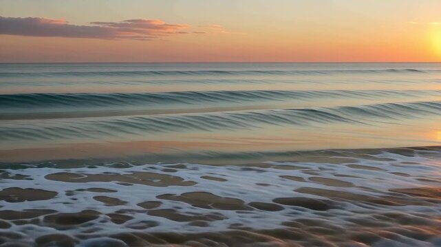 Ocean Wave Rolling and Crashing on Sandy Beach at Sunset