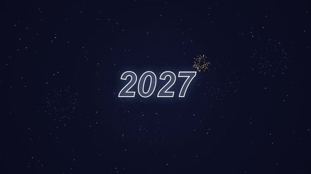 Year 2027 glowing text on starry night sky with fireworks celebrating New Year.