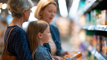 Obraz premium rear view of a grandmother and granddaughter shopping for school supplies in a bright supermarket, backs to camera, back to school concept, family, intergenerational, education,