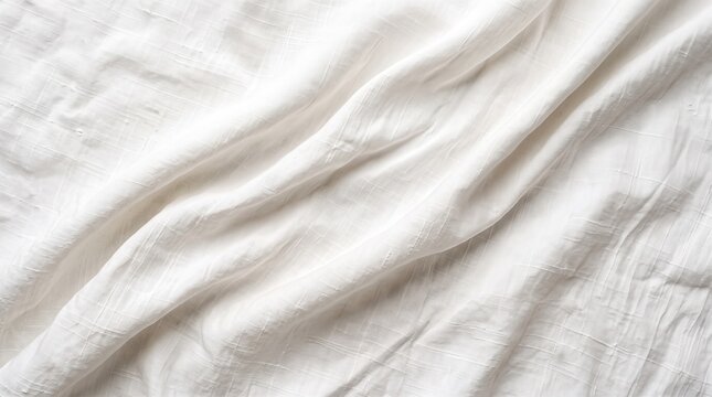 Soft crumpled white fabric texture with natural folds and subtle woven pattern, a versatile textile background
