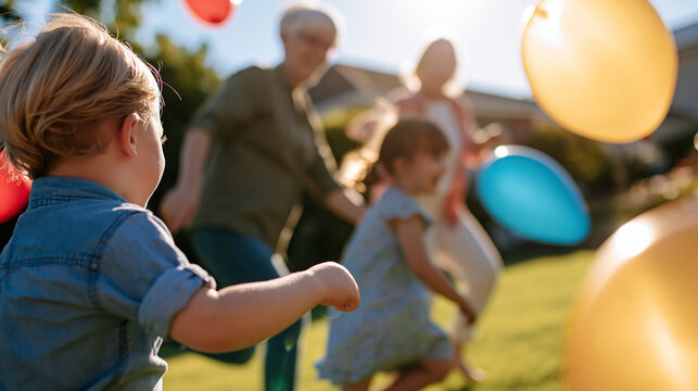 rear view of a grandmother and grandchildren playing with balloons in a bright backyard, backs to camera, laughing together in a sunny garden, intergenerational family bonding