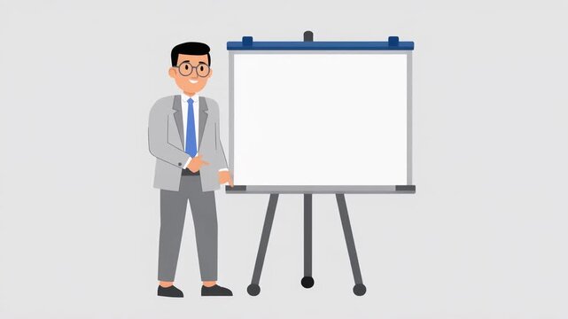 Cartoon Male Meteorologist Pointing at Blank Weather Presentation Board