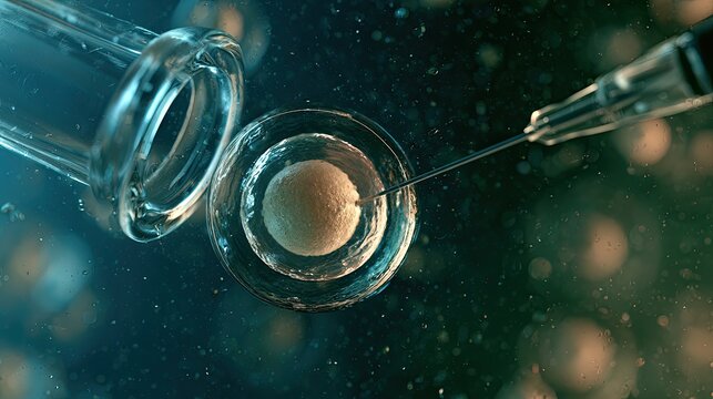 Microscopic view of a single cell being injected with a fine needle in a lab