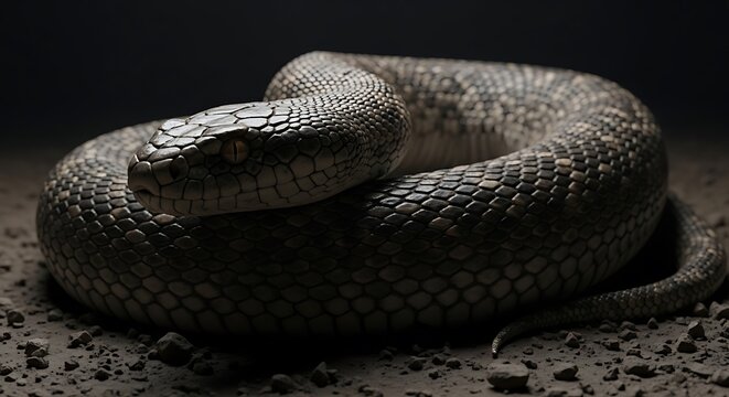 Close up of a coiled snake on rocky ground