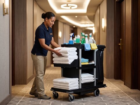 Hotel housekeeper with cleaning cart