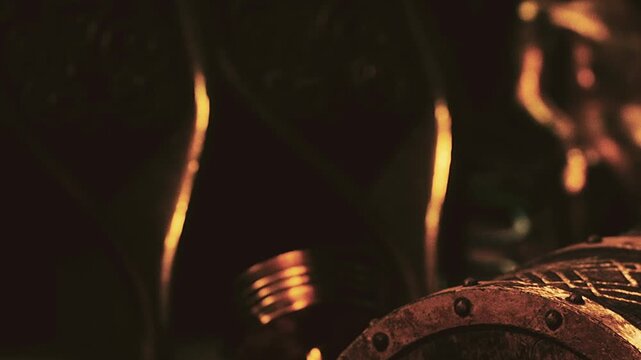A collection of vintage items is displayed in a dimly lit area. A metal robot figure stands out among other objects, showcasing an interesting artistic design from the past.