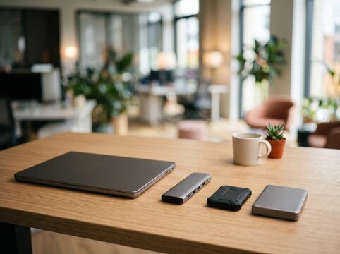 Modern office desk with laptop and tech