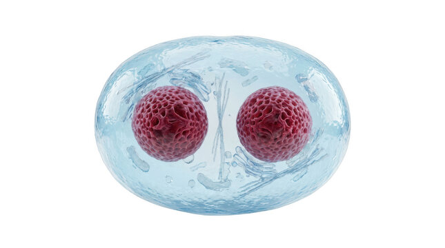 Cell division or mitosis process with two nuclei inside a dividing cell, isolated on transparent background
