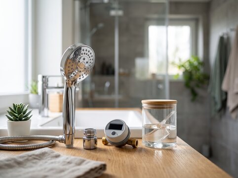 Water saving devices on bathroom counter