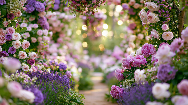 Dreamlike Floral Archway Garden Path With Pink Roses And Sunlight