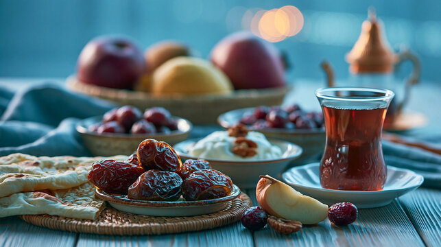 Healthy Middle Eastern Iftar Table With Dates Tea And Fruit