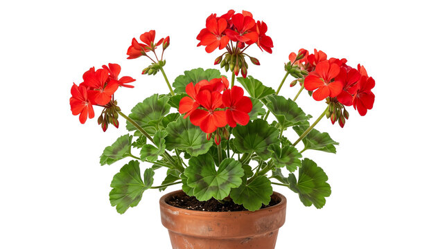 Vibrant red geranium plant in terracotta pot, blooming pelargonium flowers with green leaves, isolated floral houseplant on white background