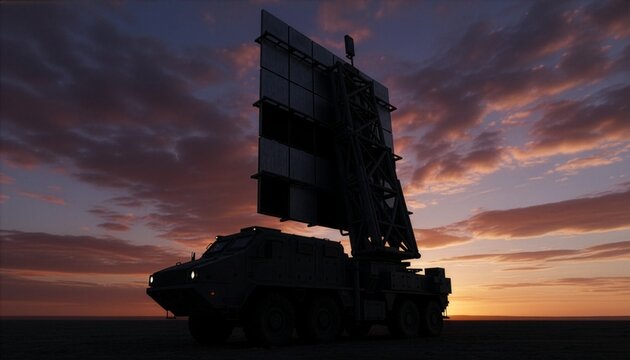 A heavy military radar truck stands in silhouette against a dramatic sunset sky, featuring a large phased array antenna panel mounted on a mobile tactical vehicle platform.