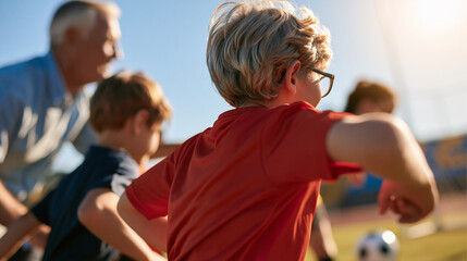 Fototapeta premium rear view of a grandparent and grandchildren playing soccer together in a bright setting, backs to camera, family bonding concept, intergenerational, outdoor, energetic, bright,